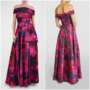 Talbot Runhof Floral Jacquard Off Shoulder Gown Fuchsia Navy Blue Evening Dress